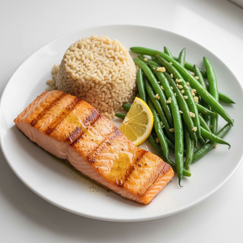 Seared Salmon with Garlic Green Beans and Brown Rice