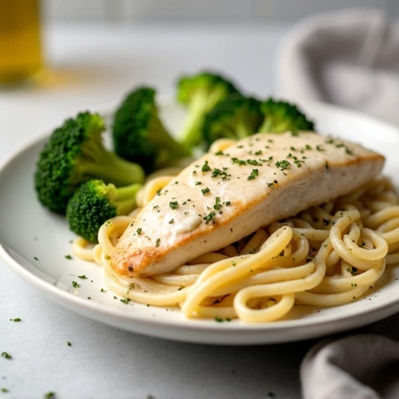 Healthy Creamy Chicken Alfredo with Roasted Broccoli
