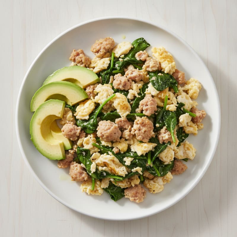 Egg White and Turkey Sausage Scramble with Sautéed Spinach