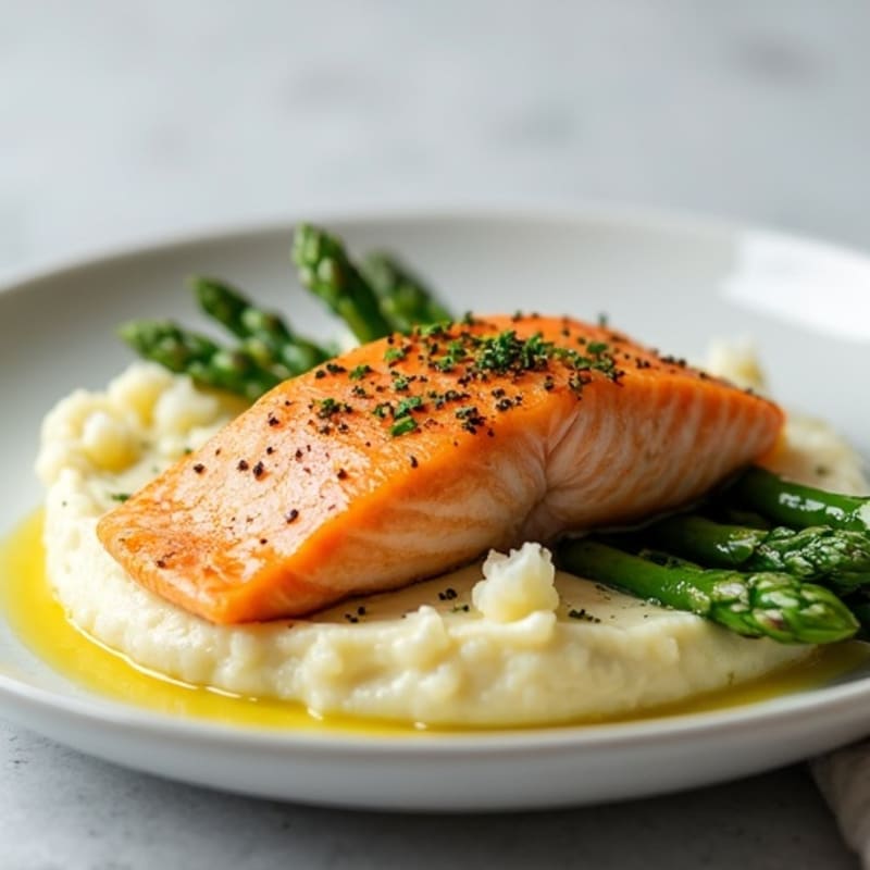 Seared Salmon with Steamed Asparagus and Cauliflower Mash