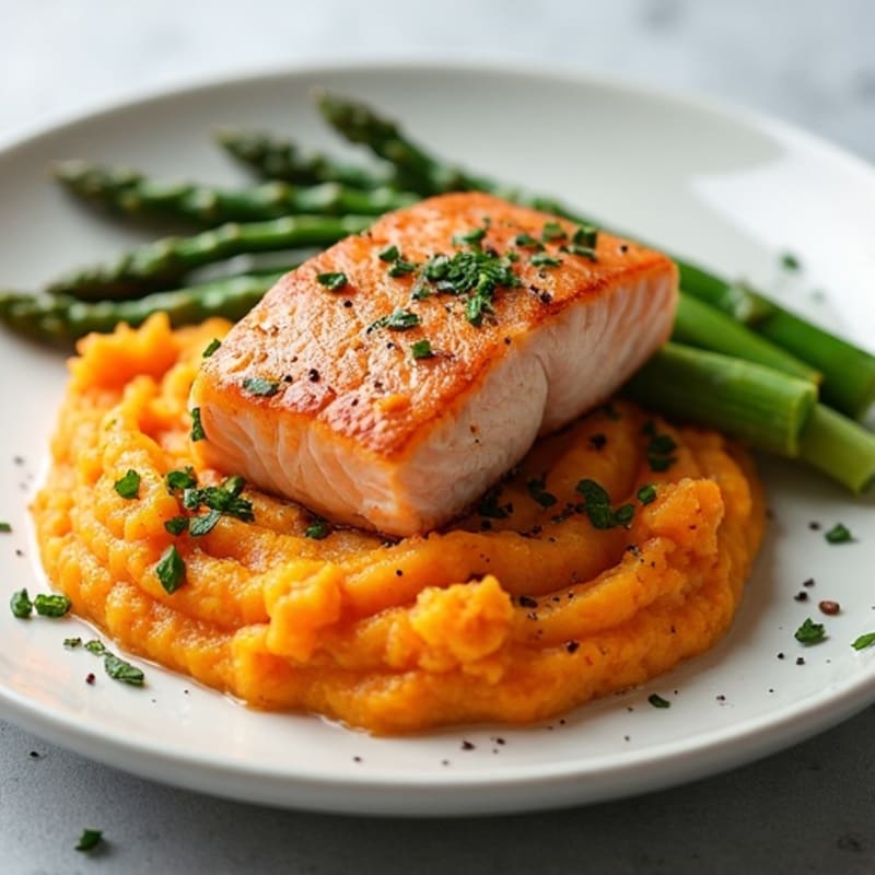 Seared Salmon with Steamed Asparagus and Sweet Potato Mash