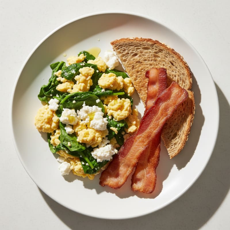 Cottage Cheese Egg Scramble with Spinach and Turkey Bacon