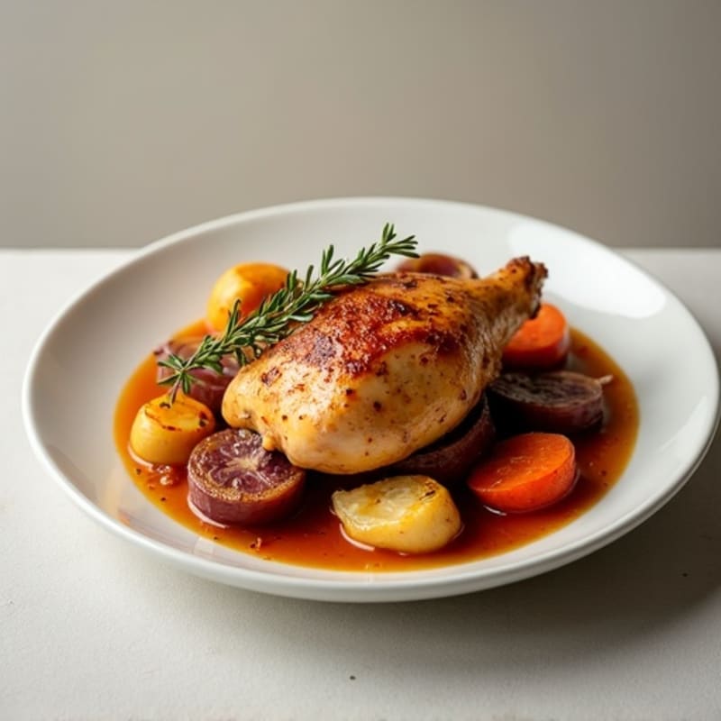 Tender Beer-Braised Chicken with Roasted Root Vegetables