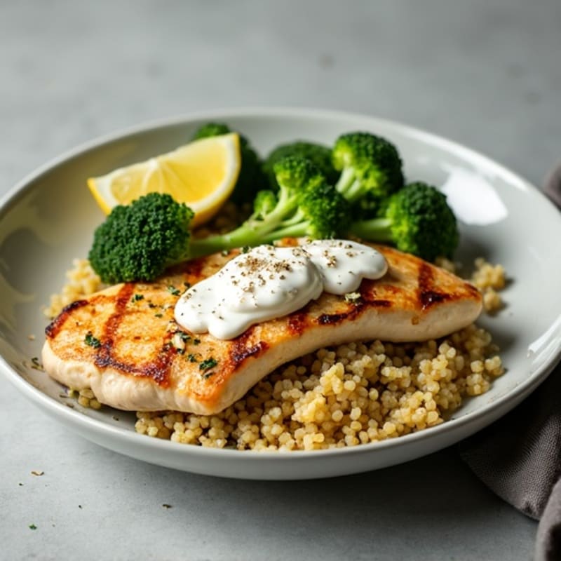 Grilled Chicken Breast with Creamy Quinoa and Roasted Broccoli