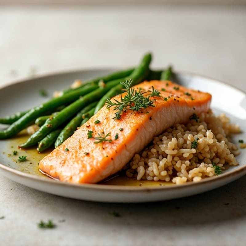 Seared Salmon with Garlic Green Beans and Brown Rice