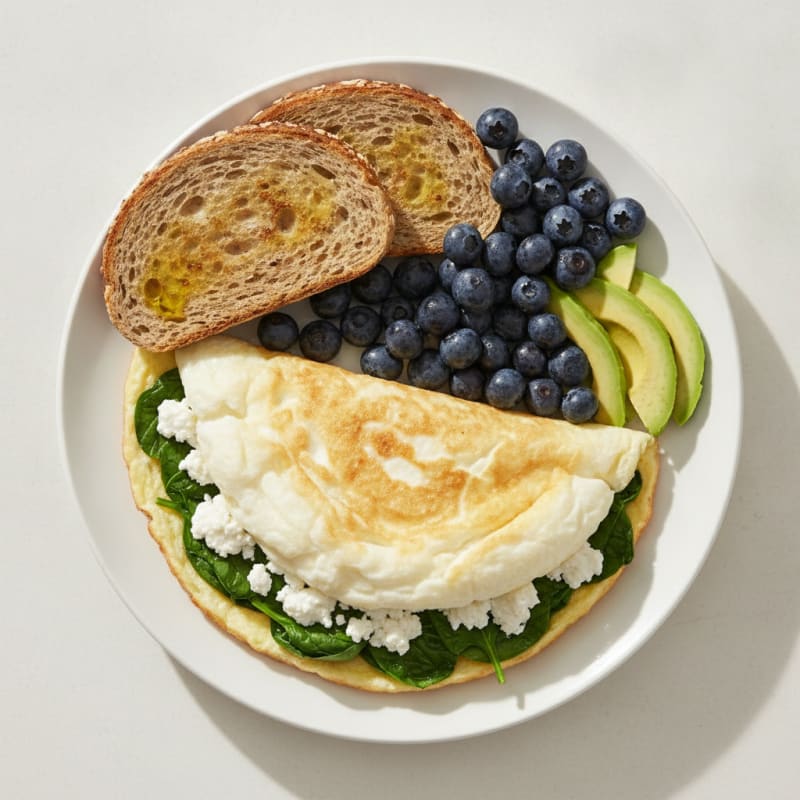Egg White Spinach Omelette with Cottage Cheese and Fresh Berries