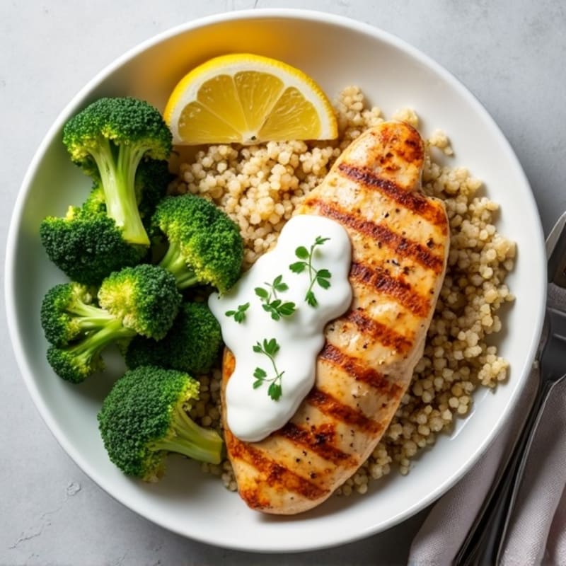 Grilled Chicken Breast with Quinoa, Broccoli, and Greek Yogurt Sauce