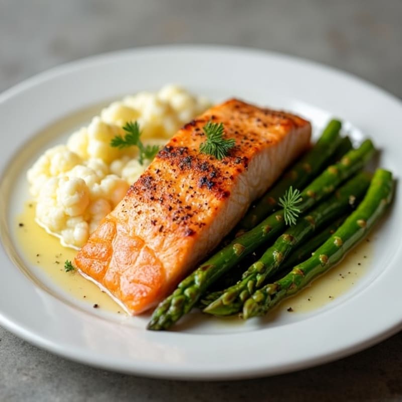 Seared Salmon with Roasted Asparagus and Cauliflower Mash