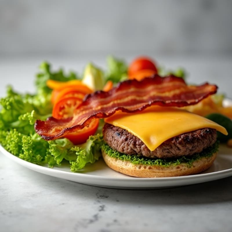 Lean Cheeseburger Plate with Crispy Turkey Bacon and Roasted Veggies