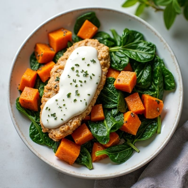 Creamy Chicken and Sweet Potato Skillet with Wilted Spinach