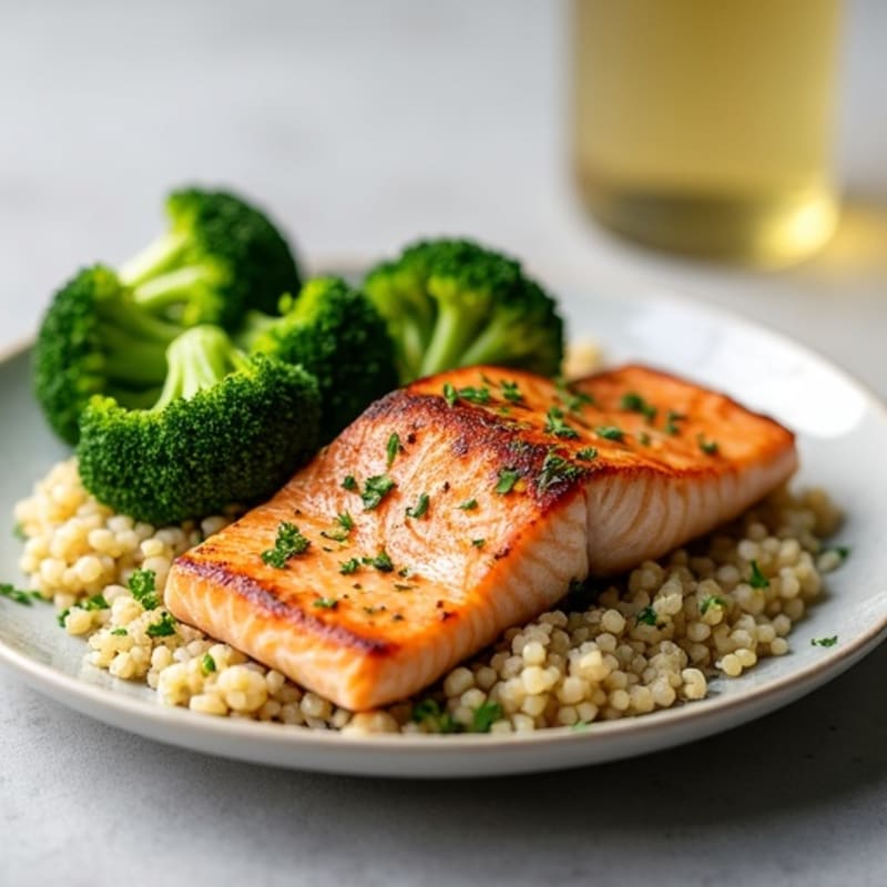 Seared Salmon with Steamed Broccoli and Quinoa
