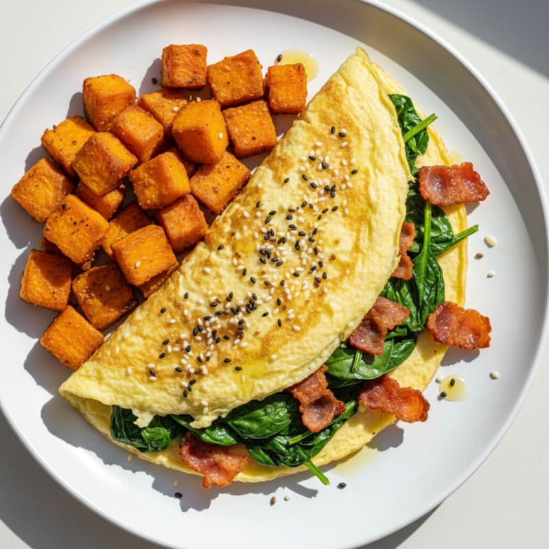 Crispy Turkey Bacon and Spinach Egg White Omelette with Roasted Sweet Potatoes