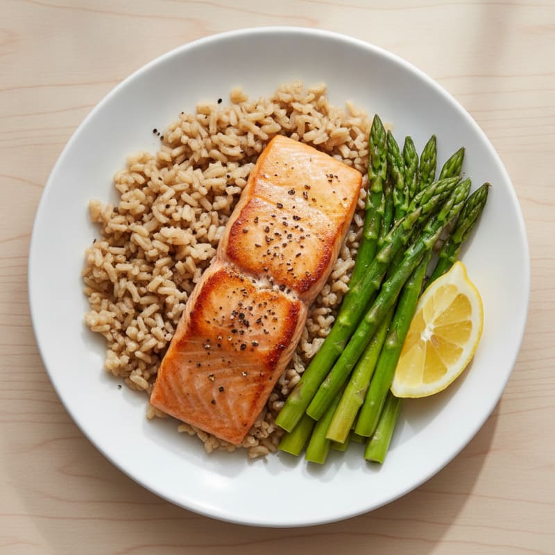 Seared Salmon Fillet with Steamed Asparagus and Brown Rice