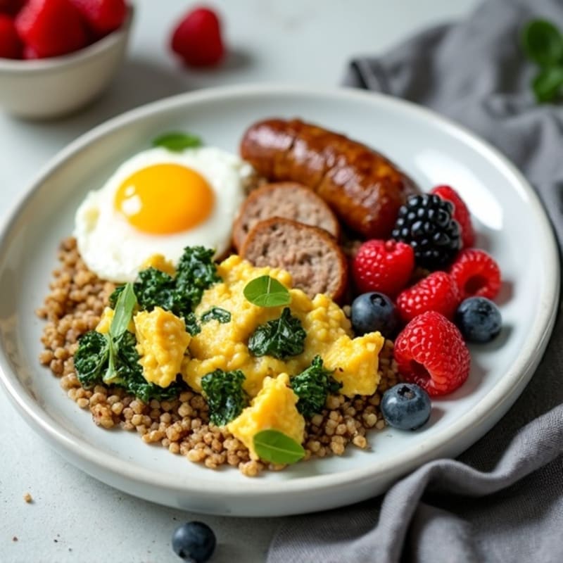 Egg White and Spinach Scramble with Quinoa, Turkey Sausage & Fresh Berries