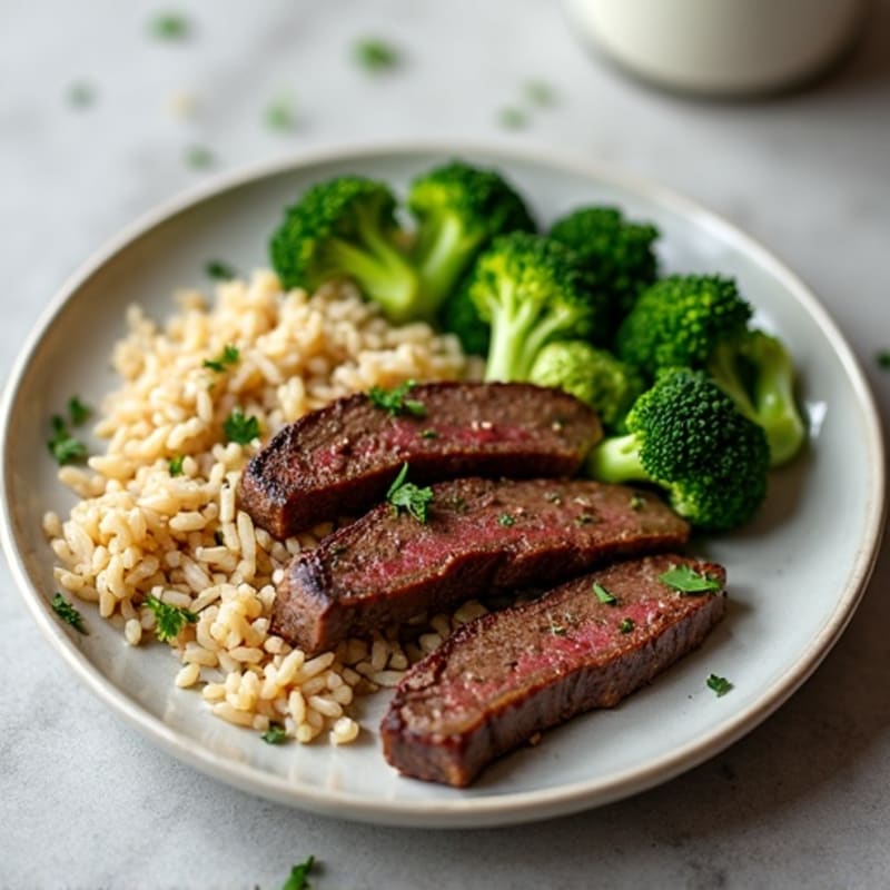 Seared Beef Strips with Herb Rice and Steamed Broccoli