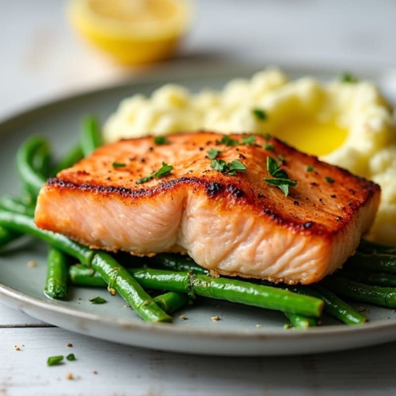 Seared Salmon with Steamed Green Beans and Mashed Cauliflower