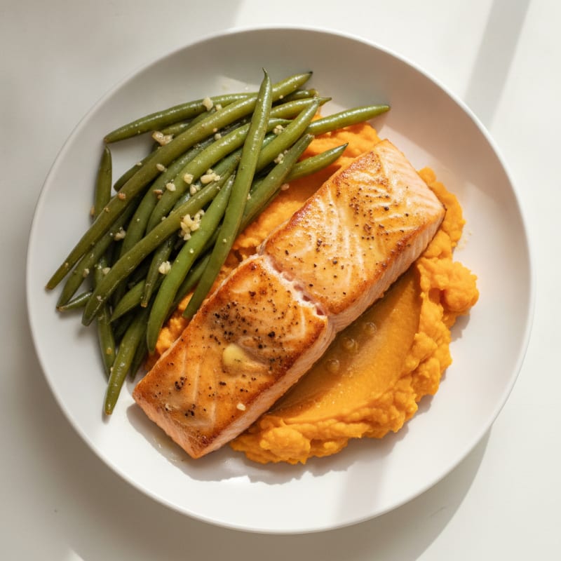 Seared Salmon with Garlic Green Beans and Sweet Potato Mash