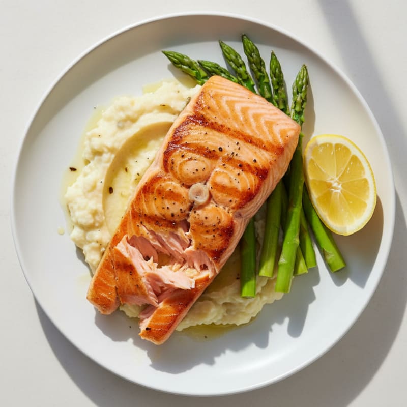 Seared Salmon Fillet with Steamed Asparagus and Cauliflower Mash