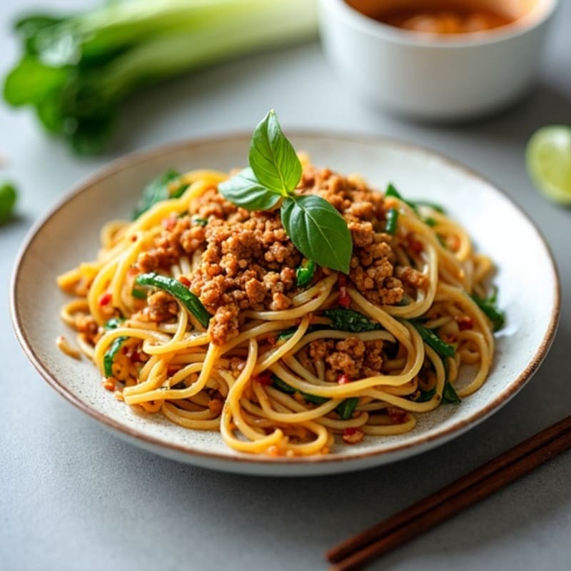 Spicy Peanut Sesame Noodles with Lean Ground Pork and Crispy Bok Choy