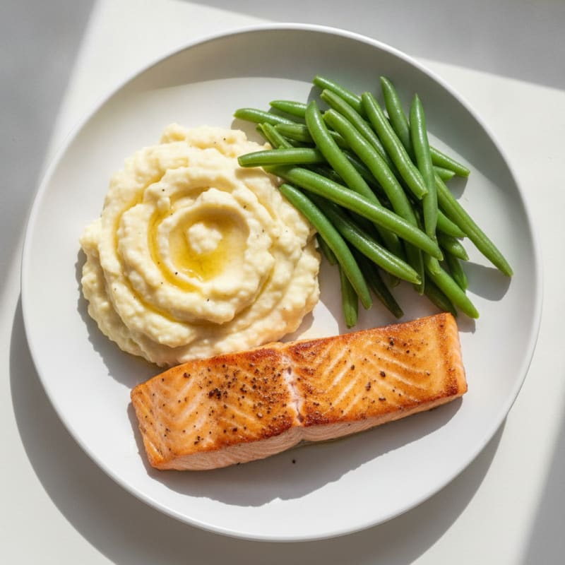Seared Salmon with Steamed Green Beans and Garlic Mashed Cauliflower