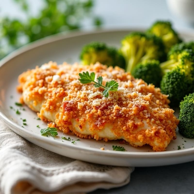 Healthy Crispy Baked Chicken Parmesan with Roasted Broccoli