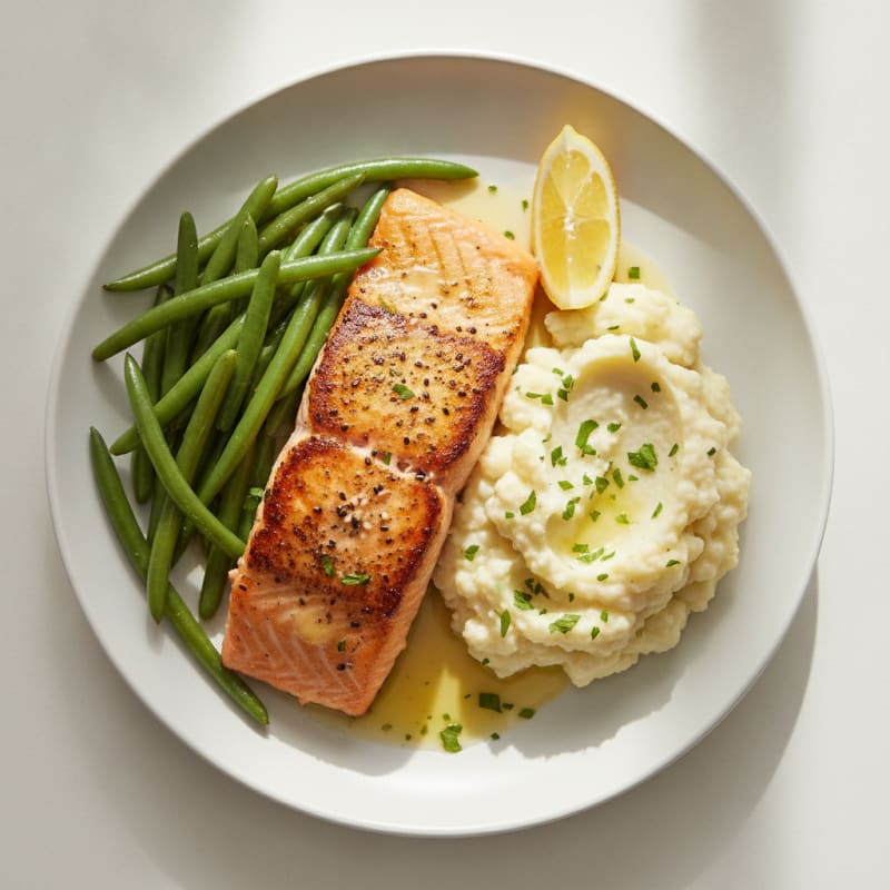 Seared Salmon with Steamed Green Beans and Garlic Mashed Cauliflower