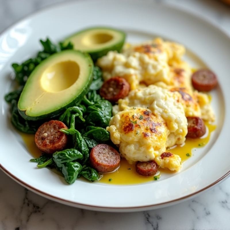 Egg White and Turkey Sausage Scramble with Sautéed Spinach