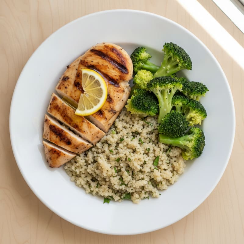 Grilled Chicken Breast with Quinoa and Steamed Broccoli