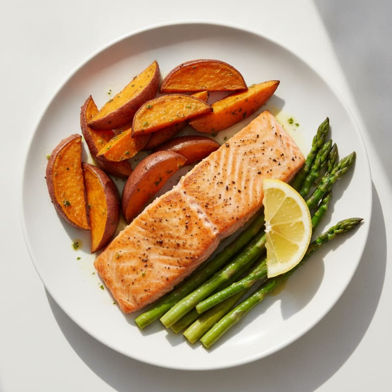 Seared Salmon with Roasted Sweet Potato and Asparagus
