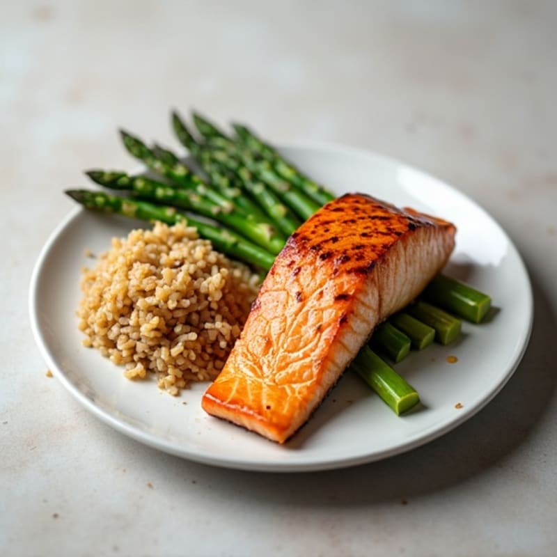 Seared Salmon Fillet with Steamed Asparagus and Brown Rice