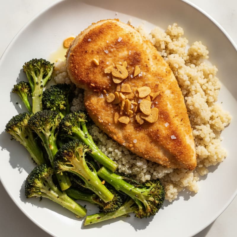Crispy Chicken Breast with Roasted Broccoli and Quinoa