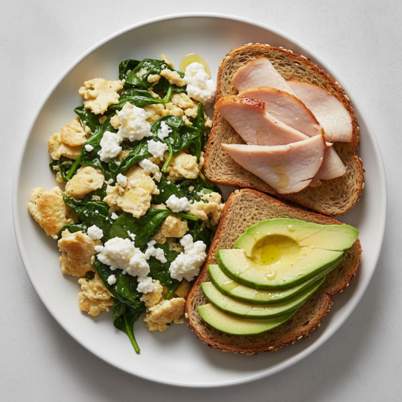 Egg White Spinach Scramble with Cottage Cheese and Sliced Turkey