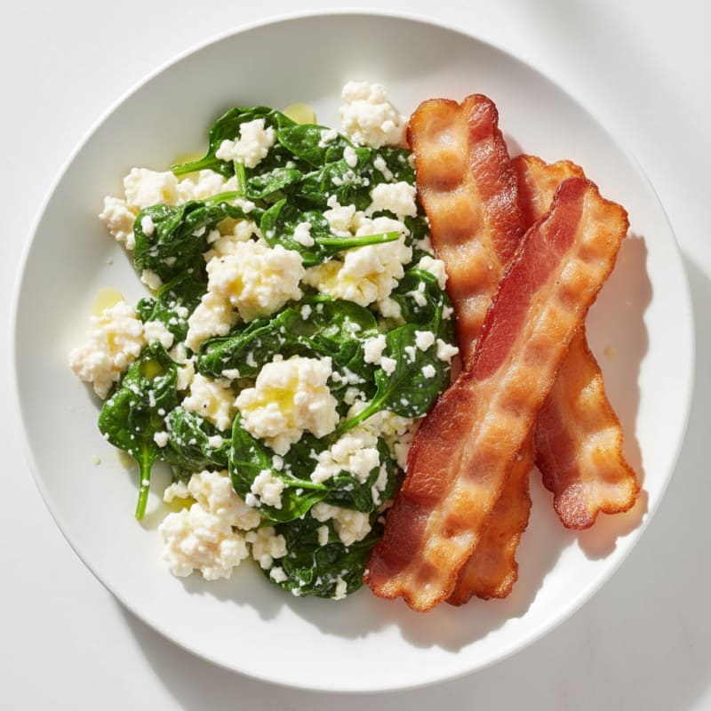 Cottage Cheese Egg White Scramble with Spinach and Turkey Bacon