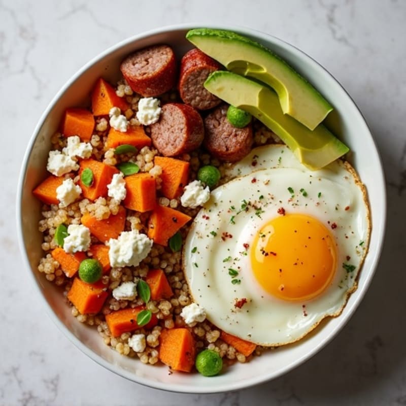 Egg White and Turkey Sausage Scramble with Roasted Sweet Potato & Quinoa Bowl