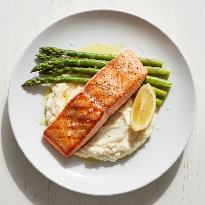 Seared Salmon Fillet with Steamed Asparagus and Cauliflower Mash