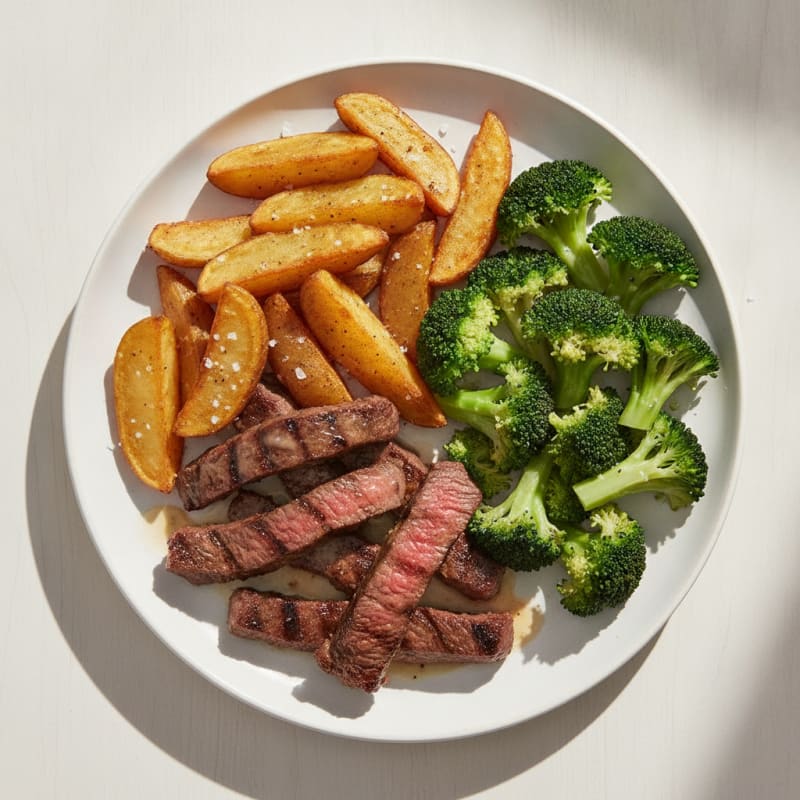 Seared Beef Strips with Roasted Potato Wedges and Steamed Broccoli