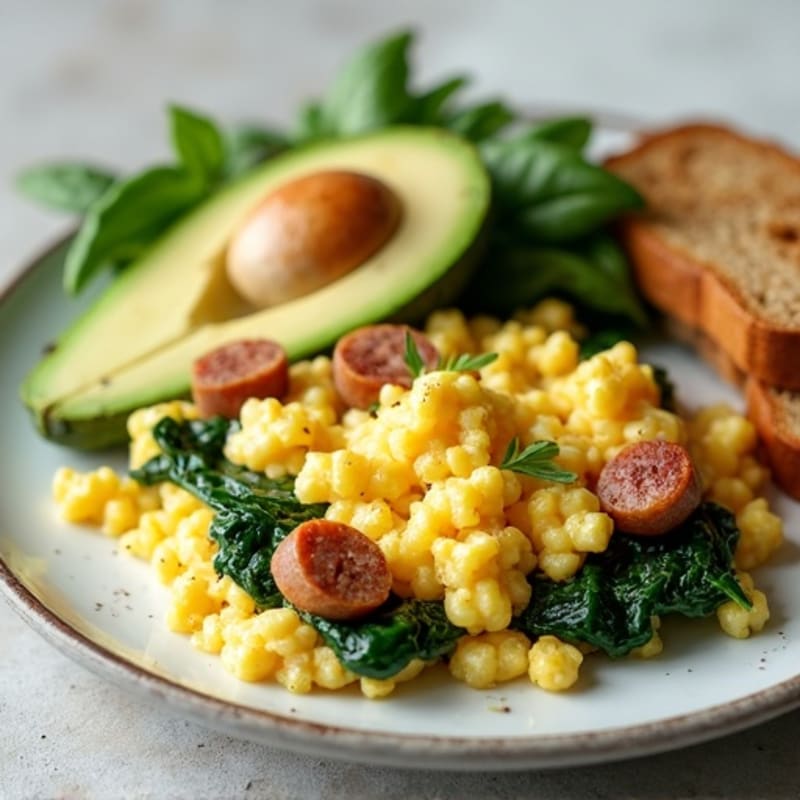 Egg White Scramble with Turkey Sausage and Sautéed Spinach