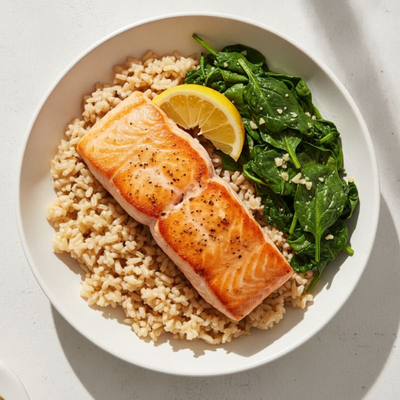 Seared Salmon with Garlic Spinach and Brown Rice