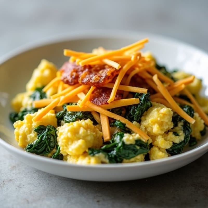 Loaded Savory Scrambled Eggs with Fresh Spinach and Crispy Turkey Bacon