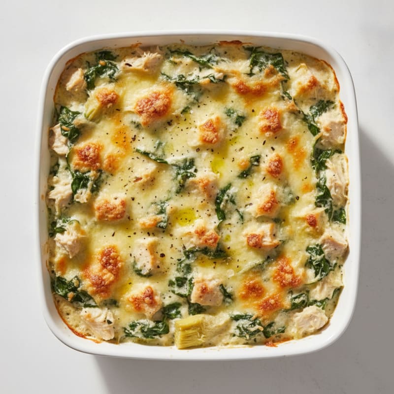 High-Protein Baked Spinach Artichoke Chicken Dip