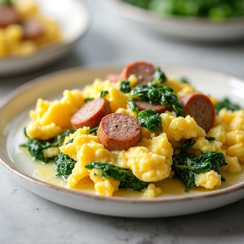 Creamy Scrambled Eggs with Turkey Sausage and Sautéed Spinach