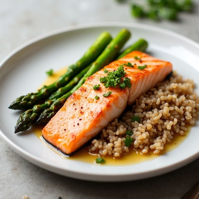 Seared Salmon with Steamed Asparagus and Brown Rice