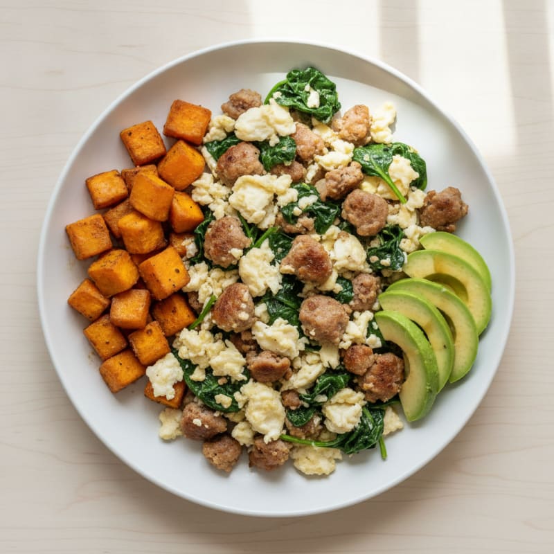 Egg White and Turkey Sausage Scramble with Sautéed Spinach