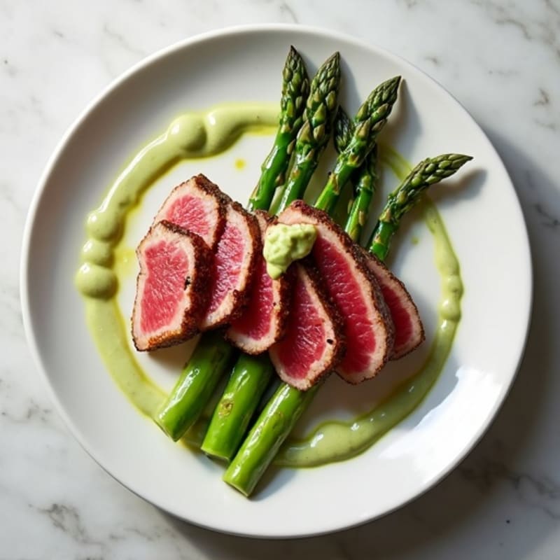 Seared Ahi Tuna with Roasted Asparagus and Creamy Wasabi Aioli