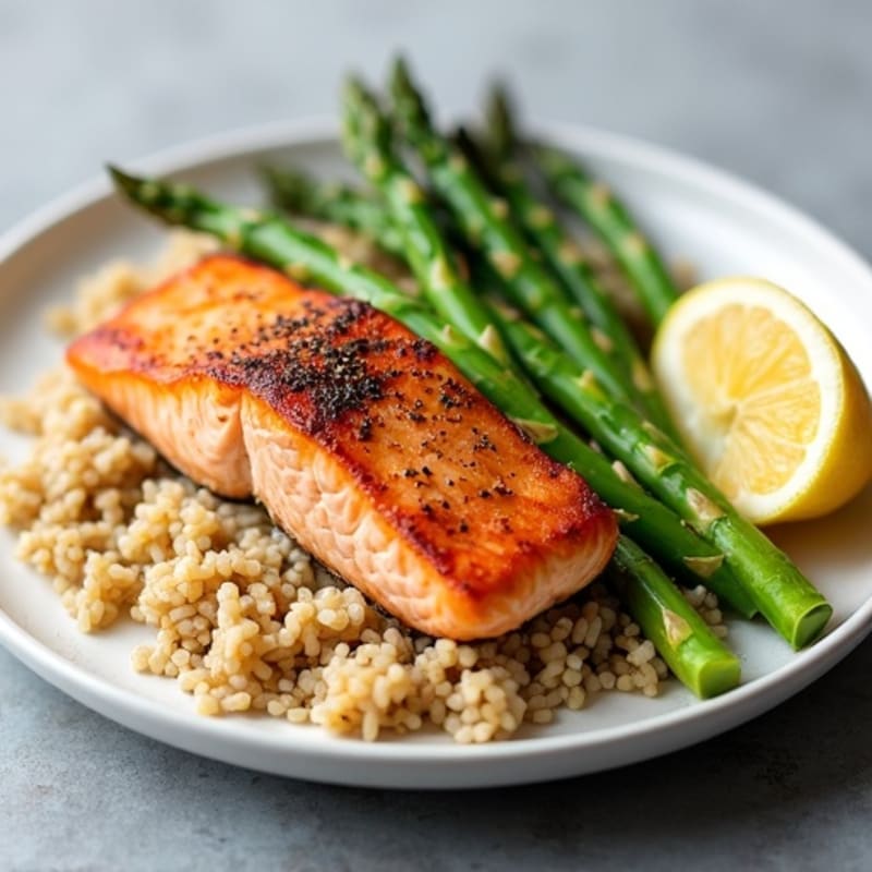 Seared Salmon with Garlic Brown Rice and Steamed Asparagus