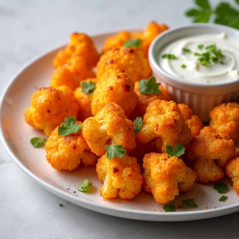 Crispy Buffalo Roasted Cauliflower Bites with Greek Yogurt Dip