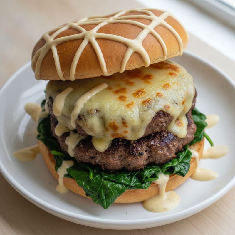 Manchego Beef Burger with Malabar Spinach
