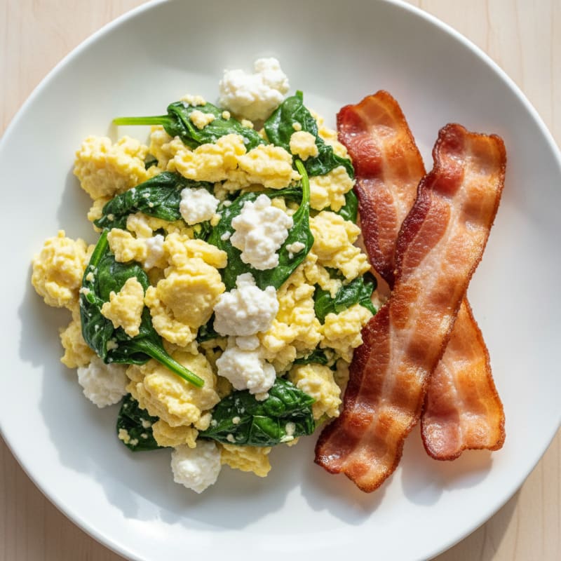 Cottage Cheese Egg Scramble with Spinach and Turkey Bacon