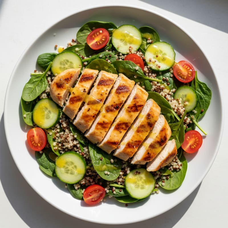 Grilled Chicken Breast over Quinoa Spinach Salad with Lemon Vinaigrette