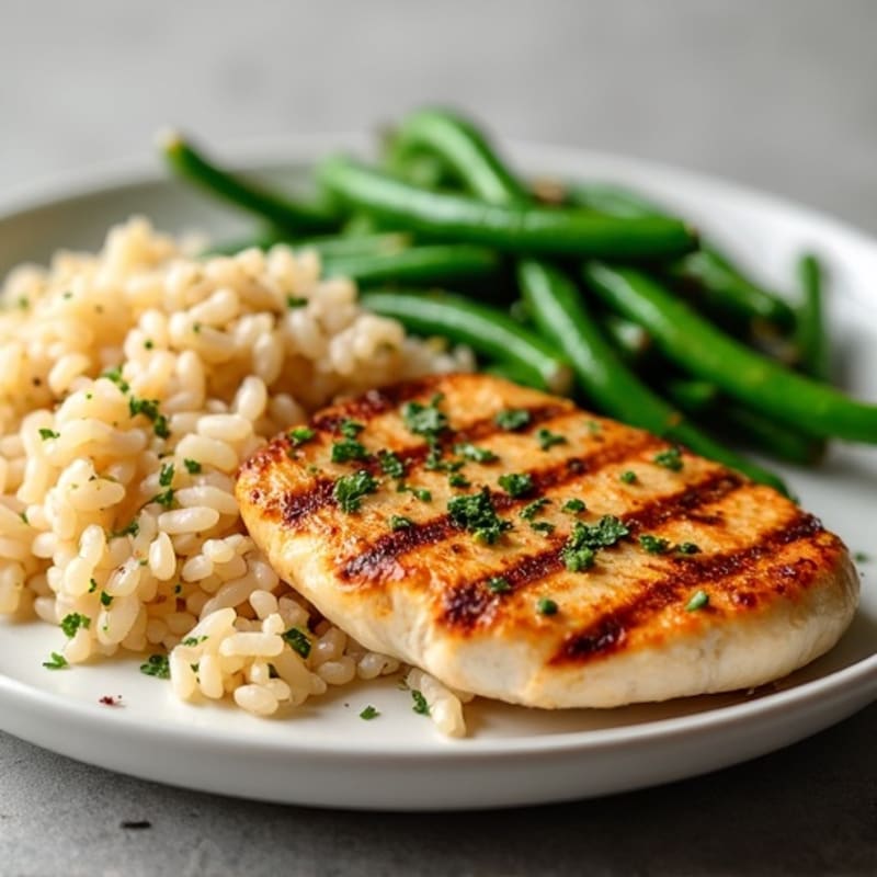 Grilled Lemon Garlic Chicken Breast with Steamed Green Beans and Brown Rice
